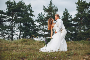 Beautiful wedding couple in a summer field