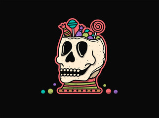 Skull with candy for halloween night. Black background. 