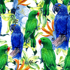 Watercolor seamless pattern of tropical leaves and birds. Scarlet macaw parrot and green Alexandrine parrot.  - Illustration