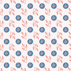 Seamless repeat pattern of abstract flower buds in coral and pink. Blue polka dots on an off white background. Color of the year included. For textiles, wrapping paper, backgrounds, stationery items.
