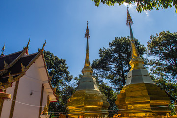 Naklejka premium Beautiful golden pagodas at Wat Phra That Doi Tung, Chiang Rai. Wat Phra That Doi Tung comprises of a twin Lanna-style stupas, one of which is believed to contain the left collarbone of Lord Buddha.