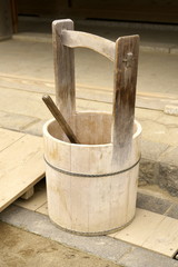 Chiba,Japan-February 19, 2019: A Japanese pail or a wooden bucket and a ladle or a dipper