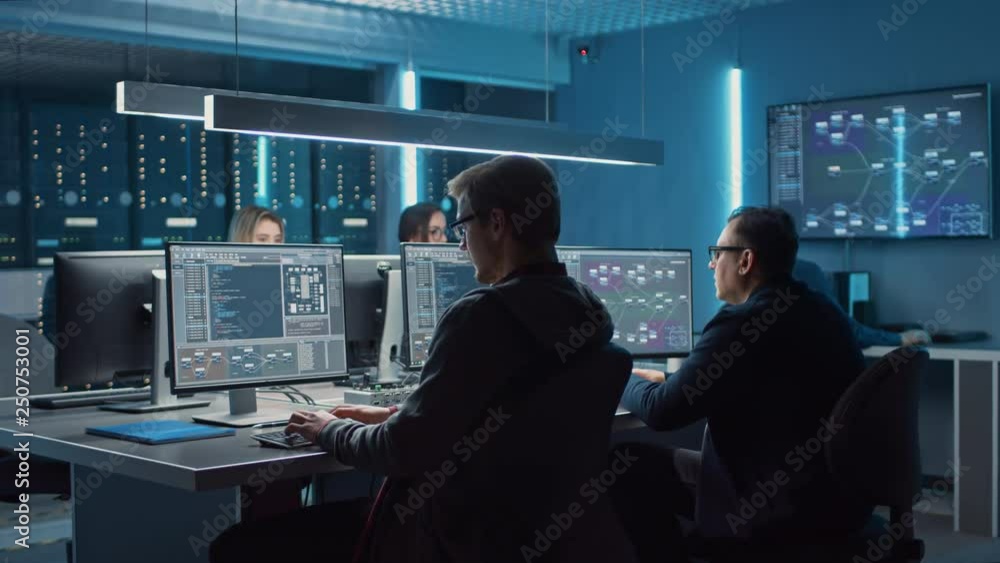 Poster Team of IT Programers Working on Desktop Computers in Data Center System Control Room. Team of Young Professionals Working In Software and Hardware Development, Doing Coding 