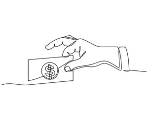 continuous line drawing of hand holding paper money, business concept in wealthy, dollar, cash, payment, or trading. Vector