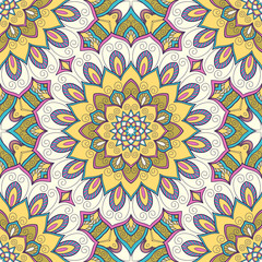 Decorative colorful ethnic seamless pattern for fabric or wrapping in oriental style. Hand drawn illustration