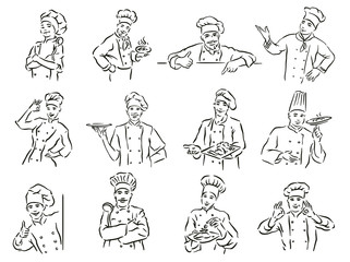 Monochrome vector  illustration of whiskered chef isolated on white background