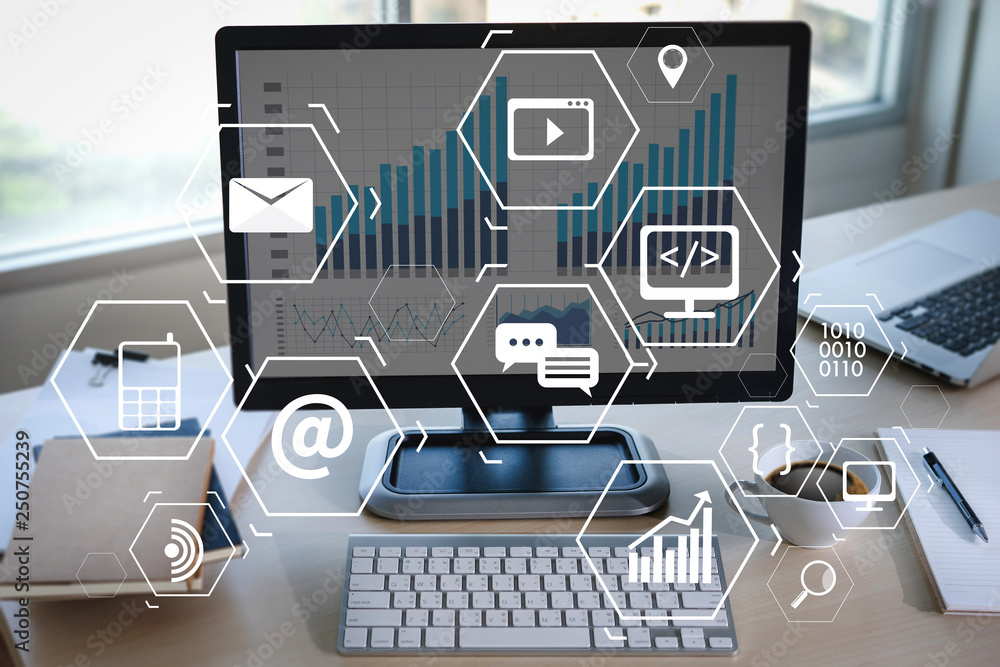 Fototapete man using tablet computer virtual interface graphic icons network diagram digital marketing