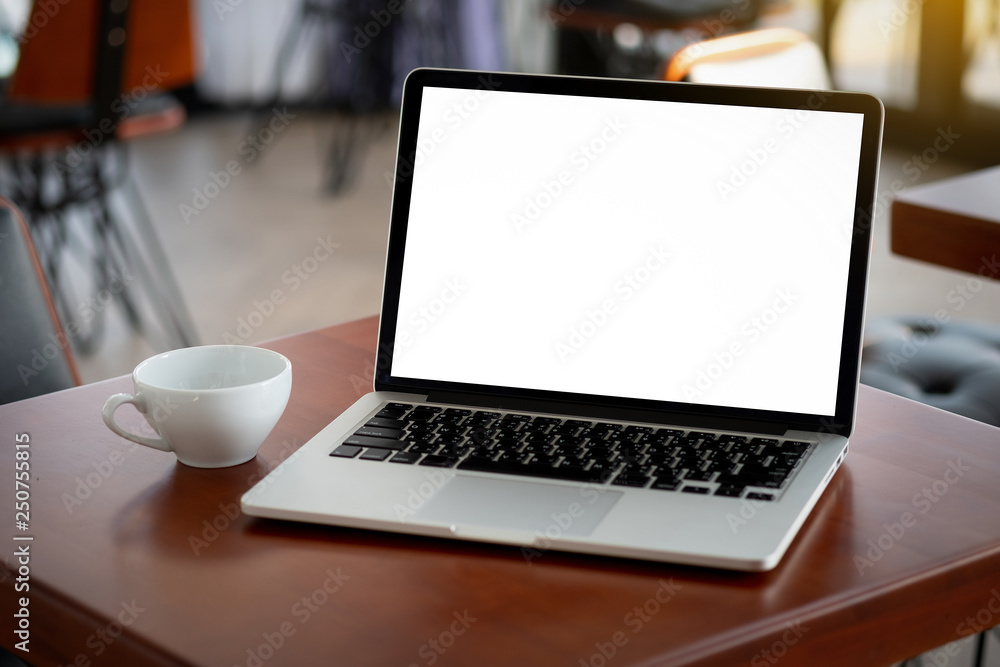 Poster mock up using laptop with blank screen computer modern