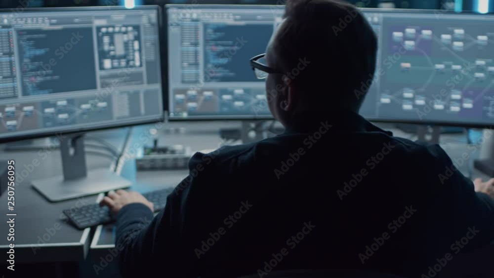 Poster Professional IT Programer Working in Data Center on Desktop Computer with Three Displays, Doing Development of Software and Hardware. Displays Show Blockchain, Data Network Architecture Concept