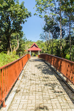 Walkway into the temple in the forest that constructed with brick floor and steel fence.