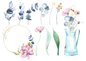 Collection of isolated watercolor objects, including wild flowers, eucalyptus, leaves, round golden embellished frame and a jug with spring bouquet 