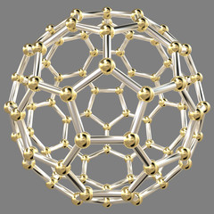 3D rendering of an abstract geometric shape made of hexagons with golden balls at their vertexes forming a spherical structure, on 50% gray background.