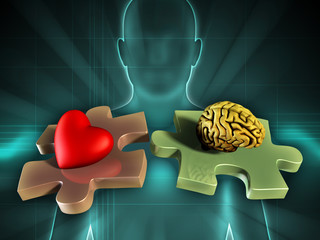 Human figure on background, with an heart and a brain on two matching puzzle pieces. Digital illustr