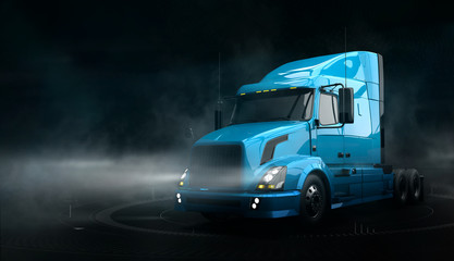 Modern blue semi truck on dark background with smoke (3D illustration) © Open Studio
