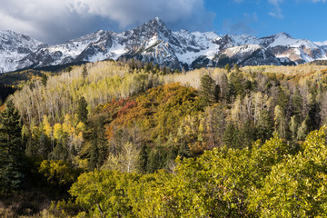 Fototapeta na wymiar Mount Sneffels Mountain Range with a fresh early autumn snow. Aspen, Pine and Scrub Oak add to the colorful foreground. 