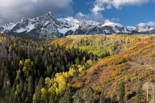 Mount Sneffels Mountain Range with a fresh early autumn snow. Aspen, Pine and Scrub Oak add to the colorful foreground. 