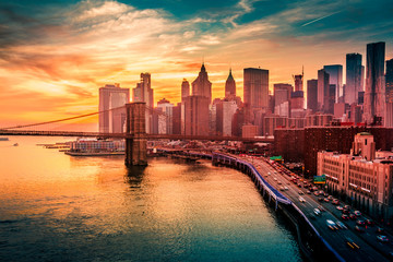 Must see when visiting New York City. View of Lower Manhattan and  Brooklyn at sunset. Night scene....