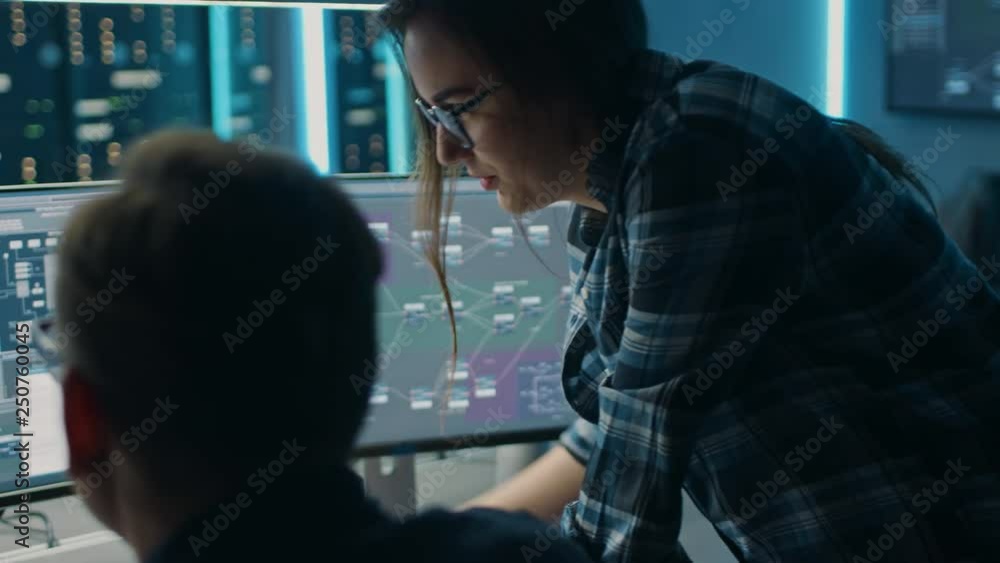 Poster Male and Female IT Engineers / Programmers Having Discussion about Code Shown on Desktop Computer Displays. Displays Show Software Development / Code Writing / Website Design / Database Architecture
