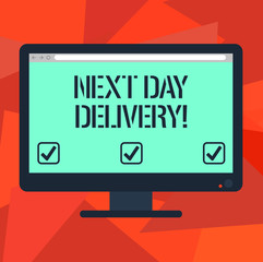 Word writing text Next Day Delivery. Business concept for service allows you have goods delivered day after order Blank Computer Desktop Monitor Color Screen Mounted with Progress Bar