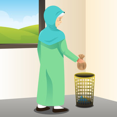 Muslim Woman Throwing Away Trash Illustration