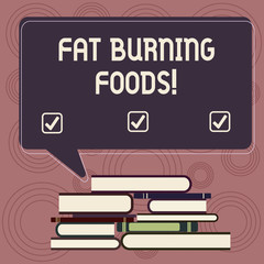 Writing note showing Fat Burning Foods. Business photo showcasing Certain types of food burn calories as you chew them Uneven Pile of Hardbound Books and Rectangular Speech Bubble