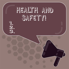 Conceptual hand writing showing Health And Safety. Business photo showcasing regulation and procedures intended prevent accident injury Megaphone and Rectangular Color Speech Bubble Reflection