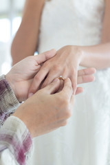 Closeup the groom wears a wedding ring for the bride.