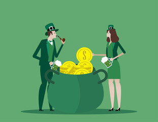 The compny people celebrate St. Patrick's Day. They are dressed in carnival headgear, Green, Celebration.