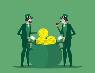 The compny people celebrate St. Patrick's Day. They are dressed in carnival headgear, Green, Celebration.