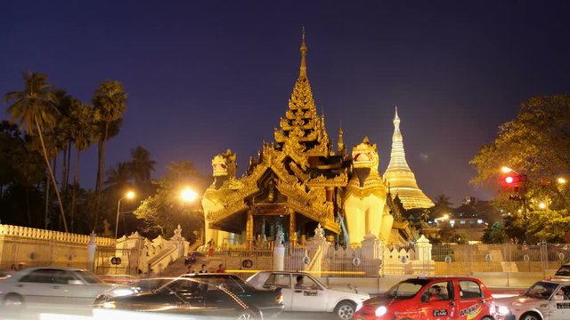 T/L WS ZO Stupa illuminated at night / Rangoon, Yangon, Myanmar