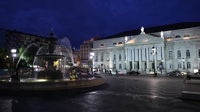 WS Fountain In Front Of National Theatre D. Maria II Illuminated At Night/ Lisbon, Portugal