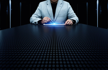 Businessman pressing button. Innovation technology internet business concept. Space for text