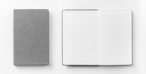 Business concept - Top view collection of  grey notebook front, back and white open page isolated on background for mockup