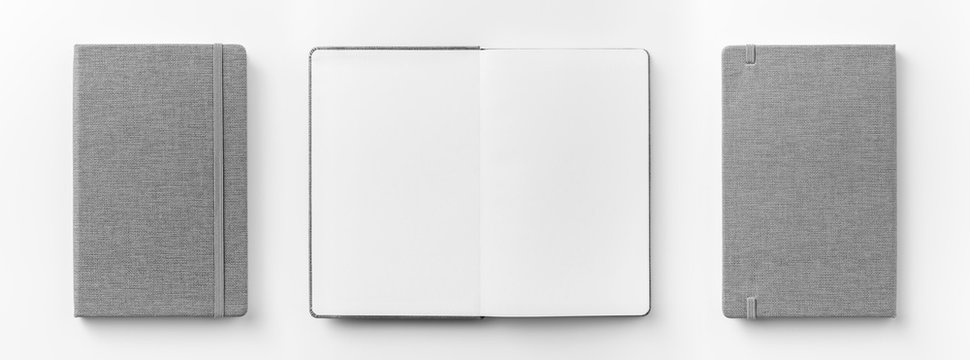 Business concept - Top view collection of  grey notebook front, back and white open page isolated on background for mockup