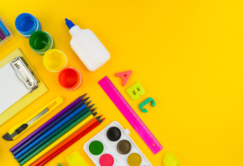 Stationery yellow background. Education. Training material for learning and creativity.