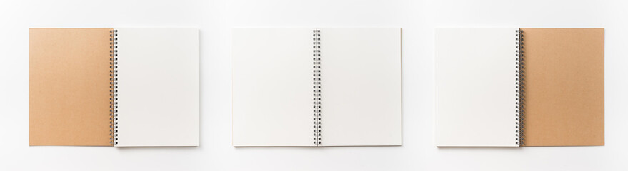 Business concept - Top view collection of  spiral kraft notebook front, back and white open page isolated on background for mockup