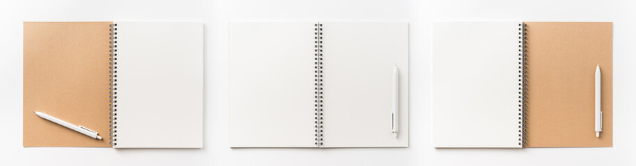 Business concept - Top view collection of  spiral kraft notebook front, back, pen and white open page isolated on background for mockup
