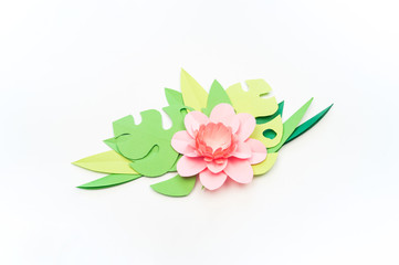 Flower made of paper white background. Trend color pastel coral.