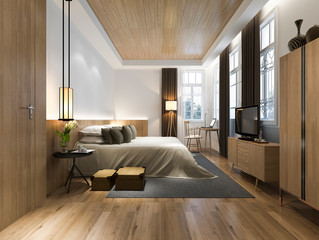 Fototapeta na wymiar 3d rendering wood minimal style bedroom with view from window