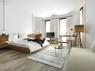 3d rendering wood minimal style bedroom with view from window