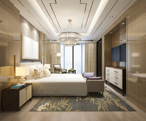 3d rendering beautiful luxury bedroom suite in hotel with tv