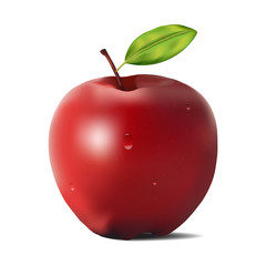 Red Apple and Green Leaves with white isolated background, Vector Illustration