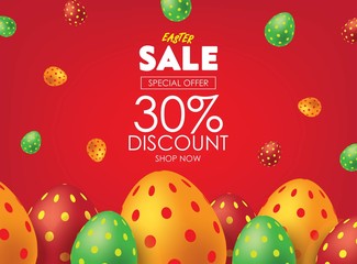 Red Easter Sale Poster or Flyer with Colorful Eggs. Advertising Campaign in Retail, Sale Promo Marketing, Ad Offer on Shopping. Falling Easter Eggs background Vector illustration.