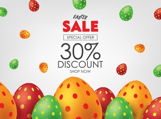 White Easter Sale Poster or Flyer with Colorful Eggs. Advertising Campaign in Retail, Sale Promo Marketing, Ad Offer on Shopping. Falling Easter Eggs background Vector illustration.