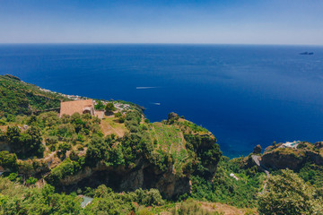 Mountains and coastline of Amalfi Coast from Path of the Gods, a hiking trail near Positano, Italy