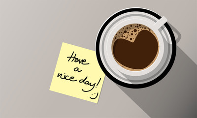 Coffee cup top view with Text on paper background.