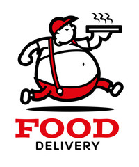 Vector graphic mascot of pizza delivery fat boy. Isolated on white.