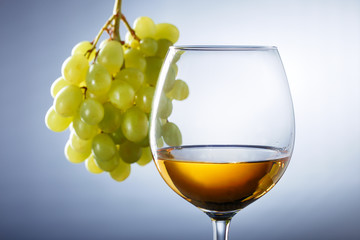 Grapes and white wine glass. Tasting wine concept.