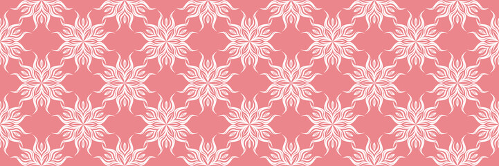 Floral white seamless print. On pale pink background