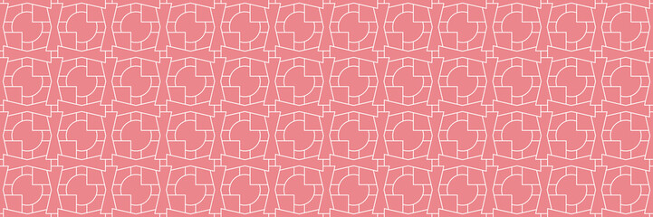 Geometric mixed shape seamless pattern. White design on pink long background